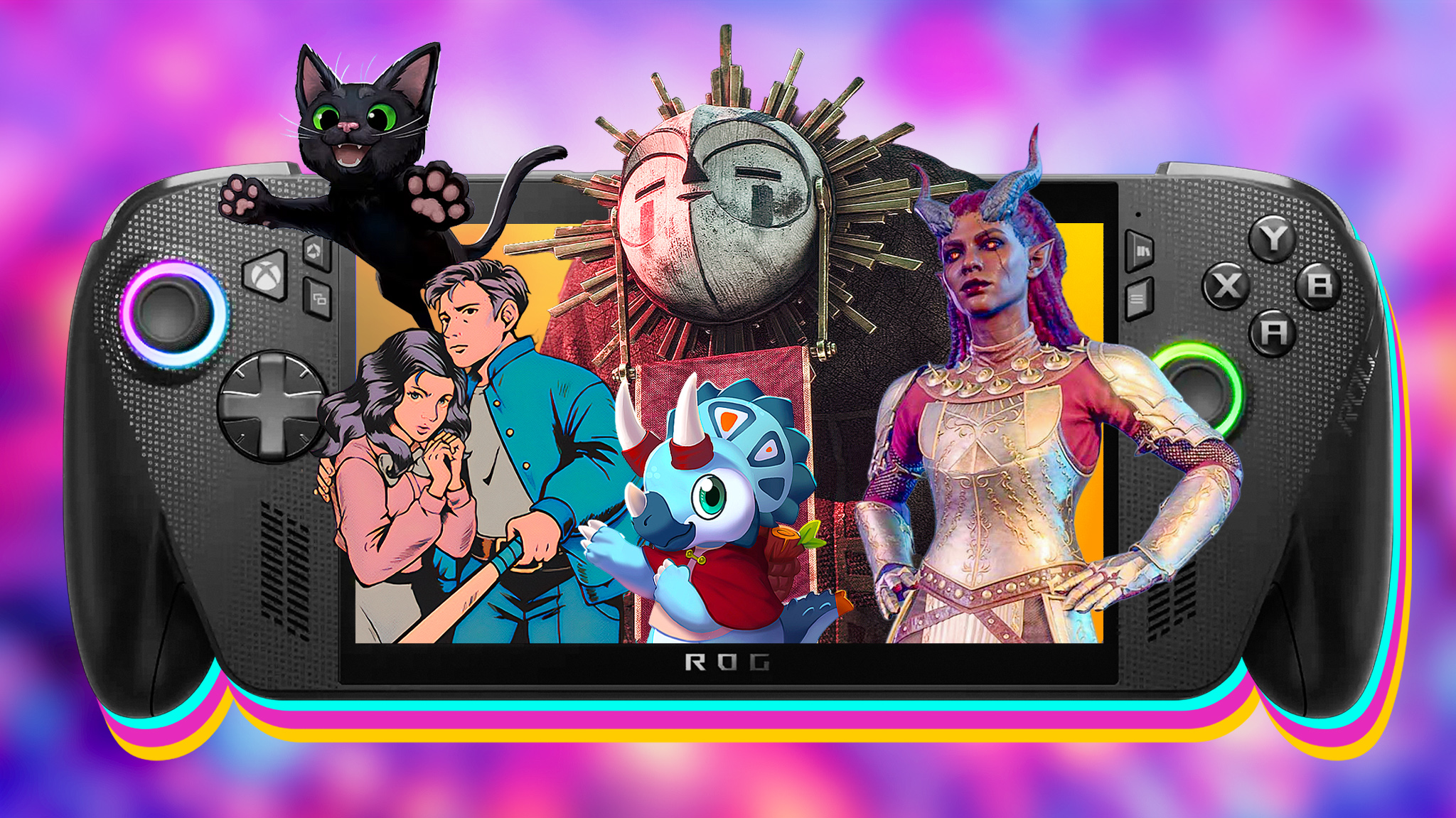 Various video game characters coming out from an Xbox Ally X that is floating on a colorful background. 