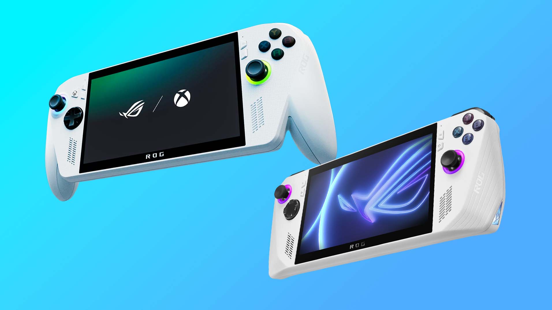 Xbox Ally X vs ROG Ally X on blue background.