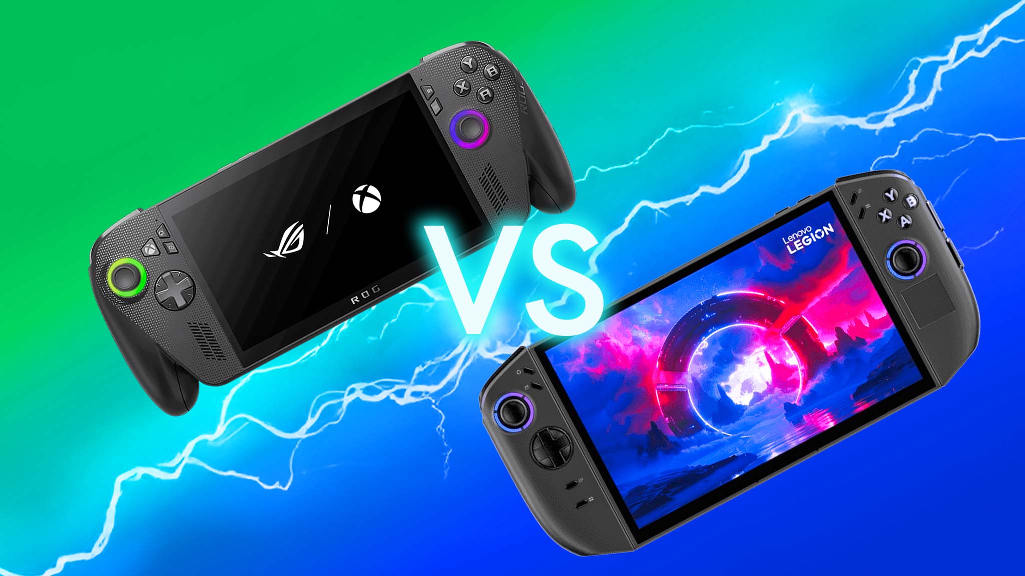 Legion Go 2 and Xbox Ally X separated by a flash of lightning and the word "VS" between them. 