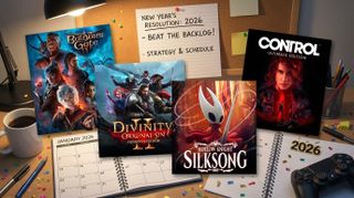 AI Generated collage of Baldur's Gate 3, Divinity: Original Sin 2, Hollow Knight: Silksong, and Control visualized.