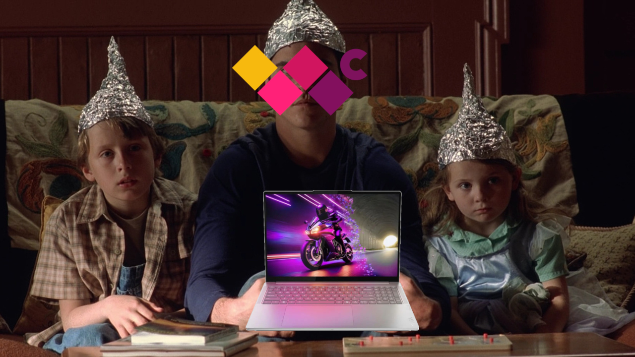 A still frame from Signs, in which the actors are wearing tinfoil hats.